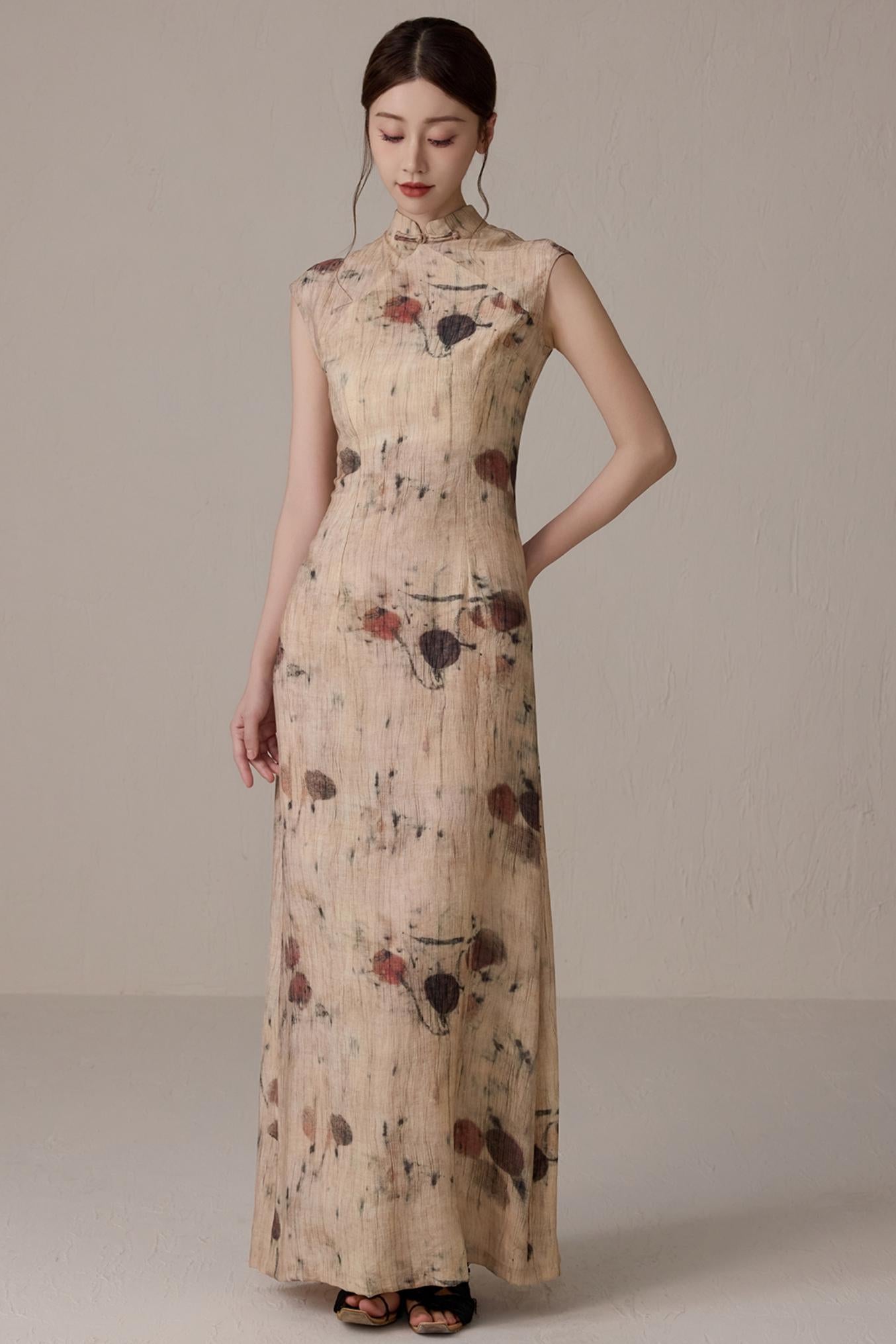 Slim Waist Floral Cheongsam Dress