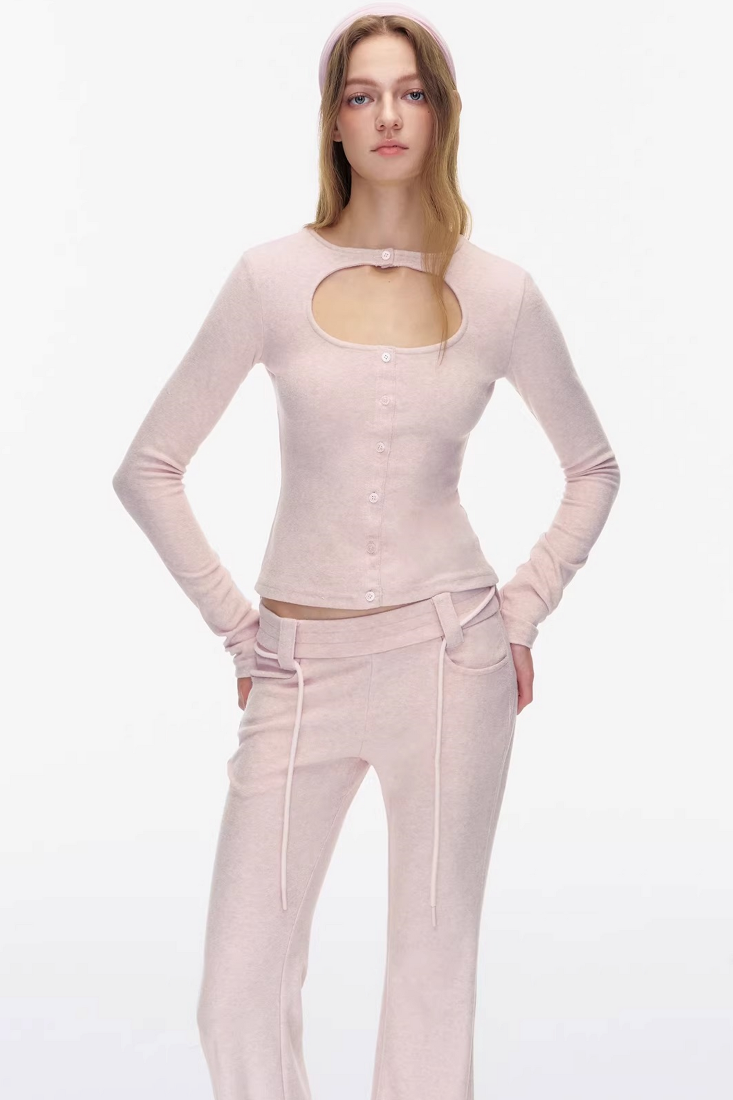 Cutout Detail Pink Top Pants Set-Up