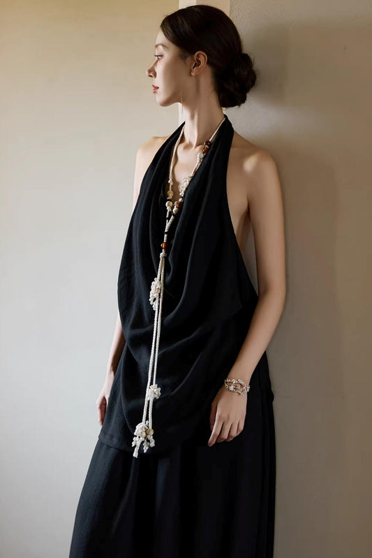 Black Beaded Halter Vest