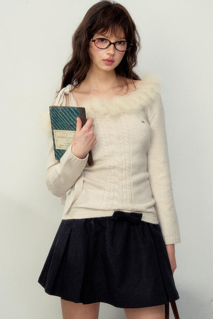 Slanted Shoulder Slim Fit Knit Top