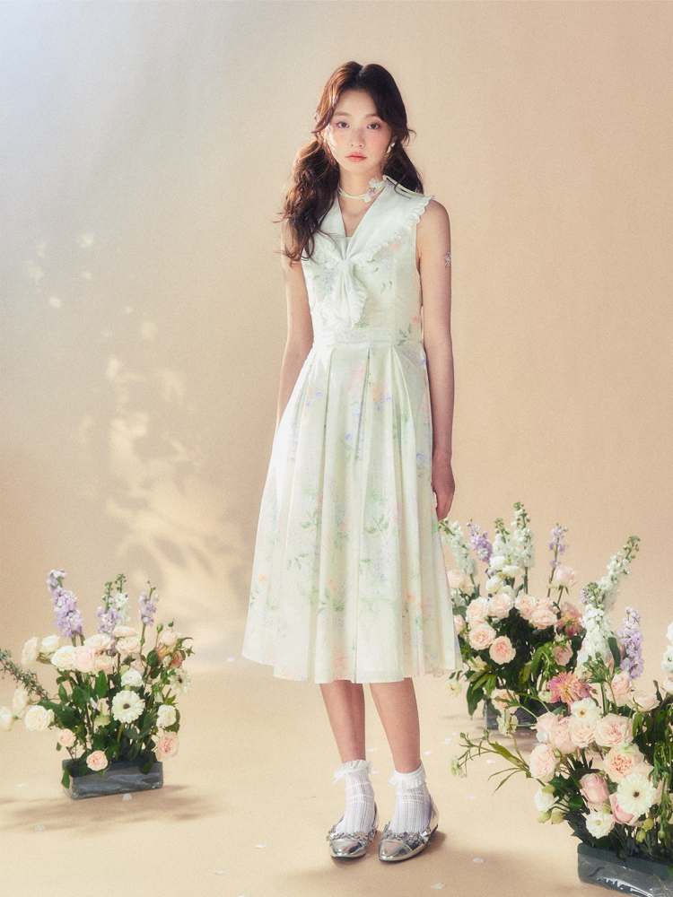 Frills Sailor Collar Floral Sleeveless Dress