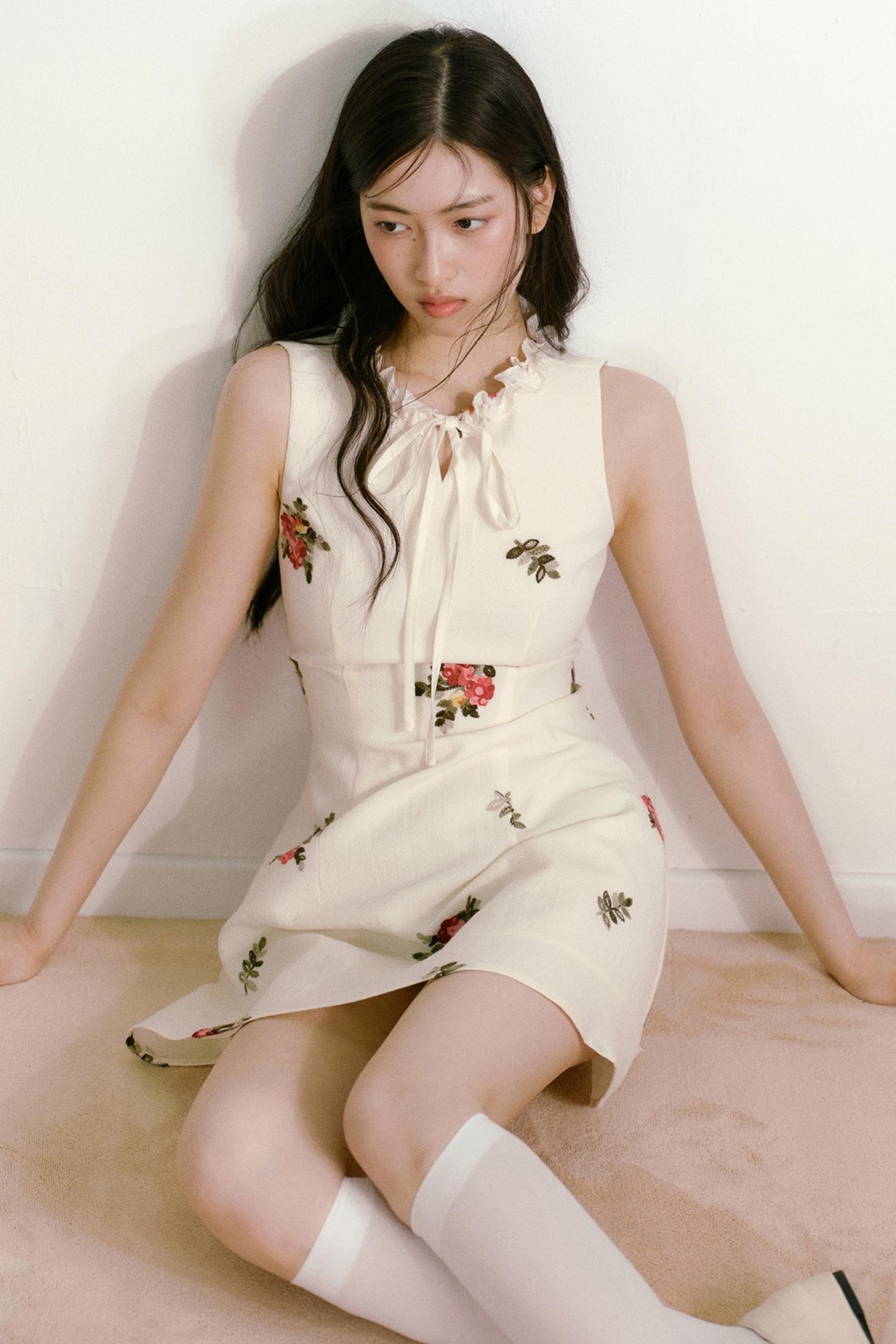 Floral Beige Sleeveless Summer Dress