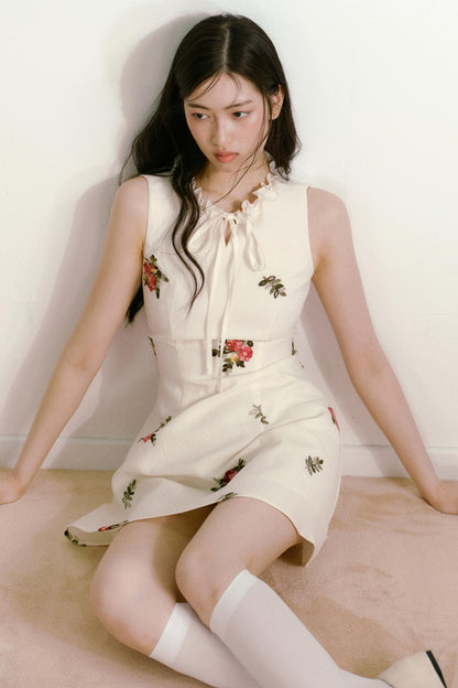 Floral Beige Sleeveless Summer Dress