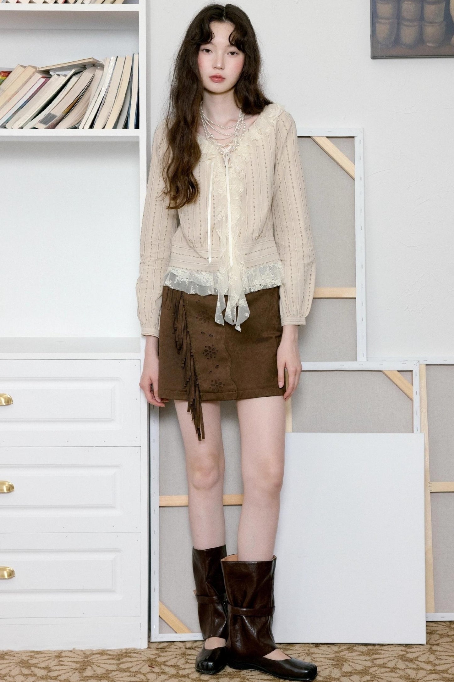 Vintage Coffee Openwork Fringed Suede A-Line Skirt