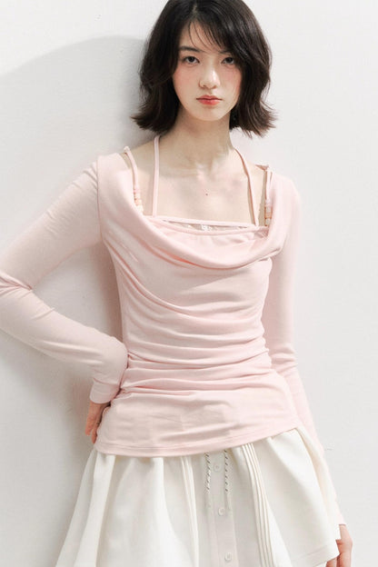 Pink Beaded Halterneck Long Sleeve T-Shirt