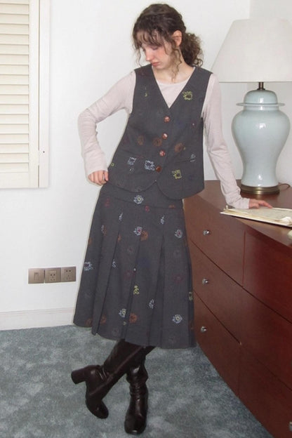 Needle Wool Vest Skirt Set-Up