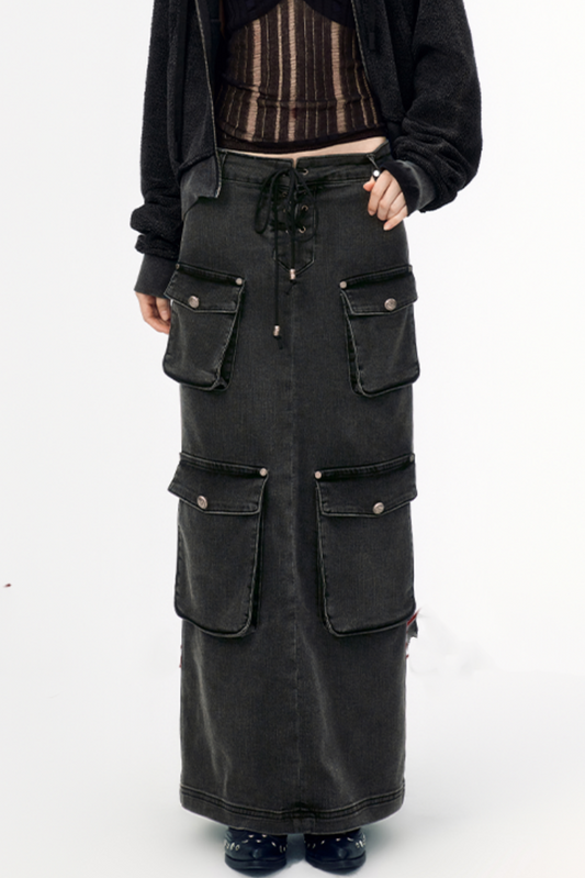 Cargo Pocket Denim Long Skirt