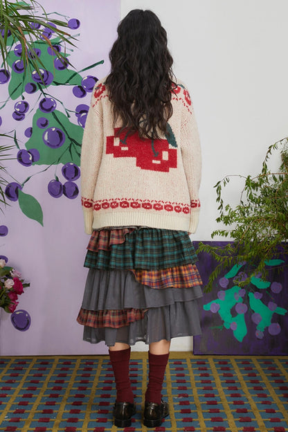 Retro Cherry Jacquard Wool Cardigan