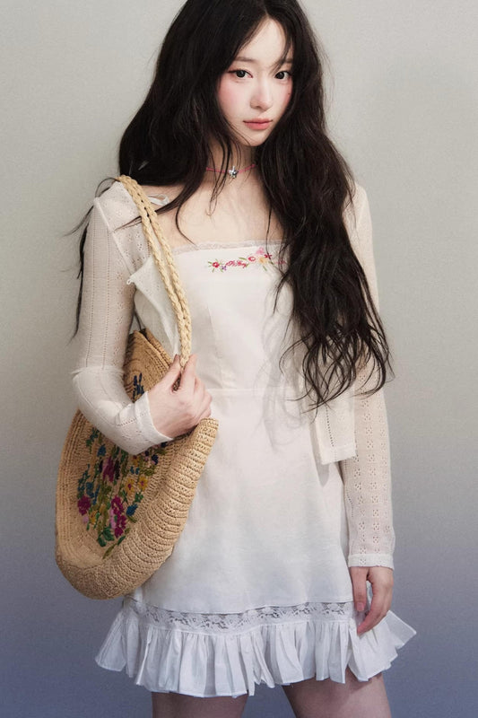 Lace Embroidered Suspender Dress Set-Up