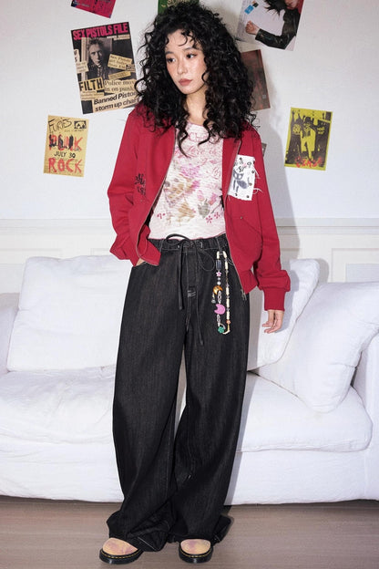 Black Washed Elastic Waist Wide-Leg Jeans