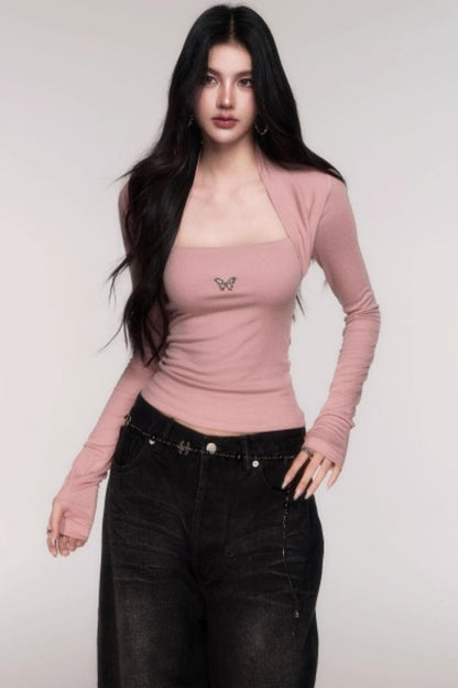 Fake Two Sleeve Slim Knit Top