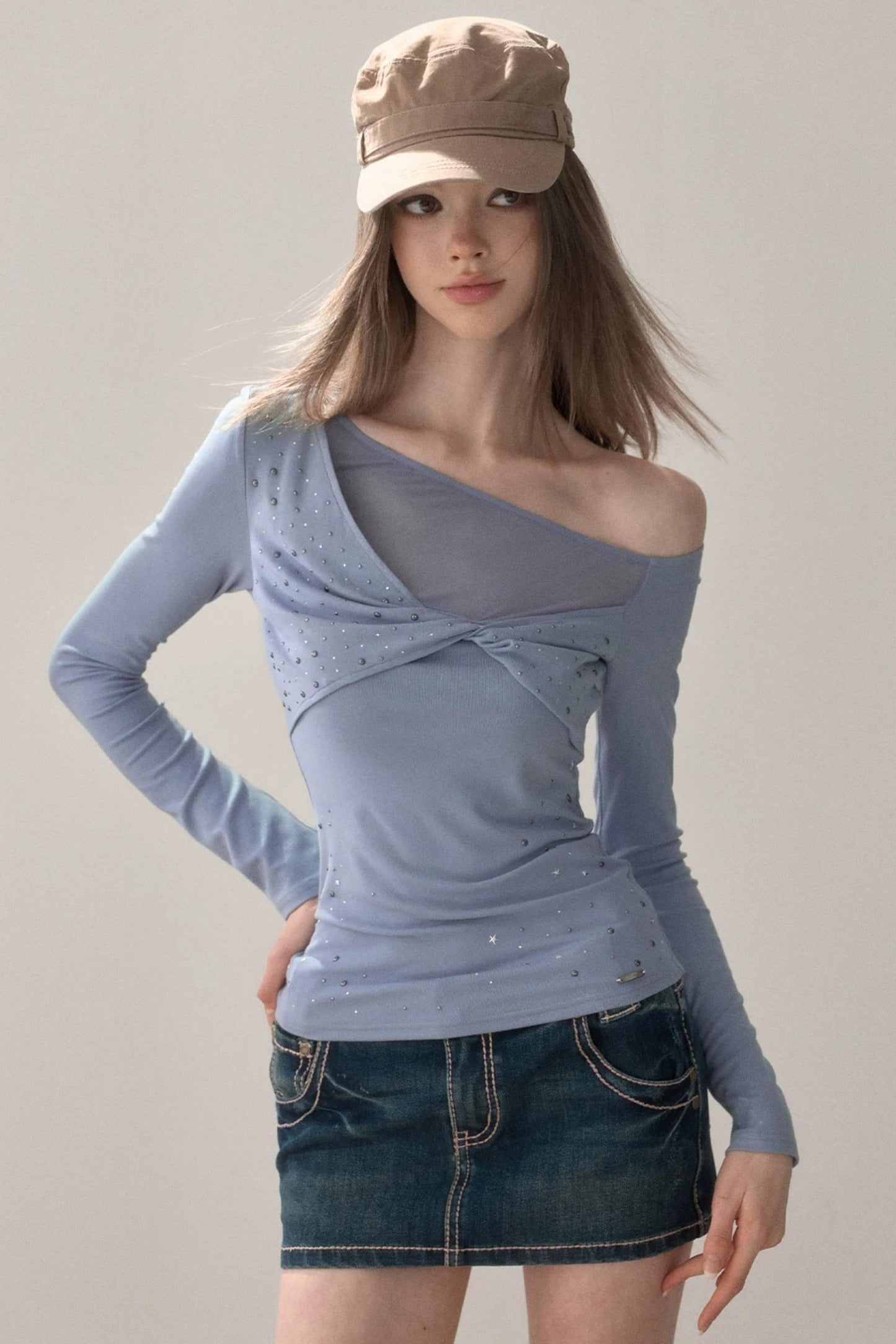 Rhinestone Twist Slim Blouse
