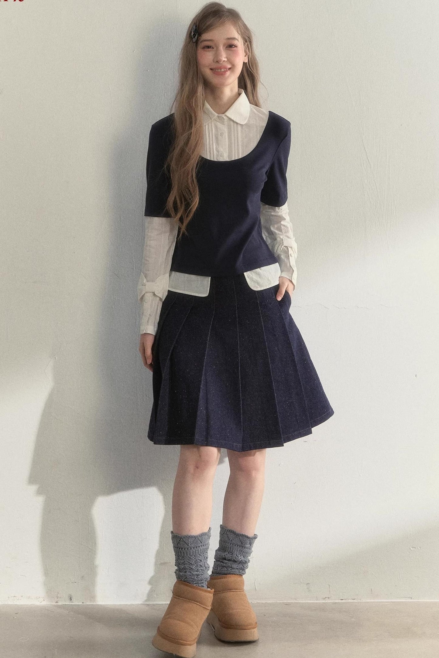 Retro Navy Faux Two-Piece Top