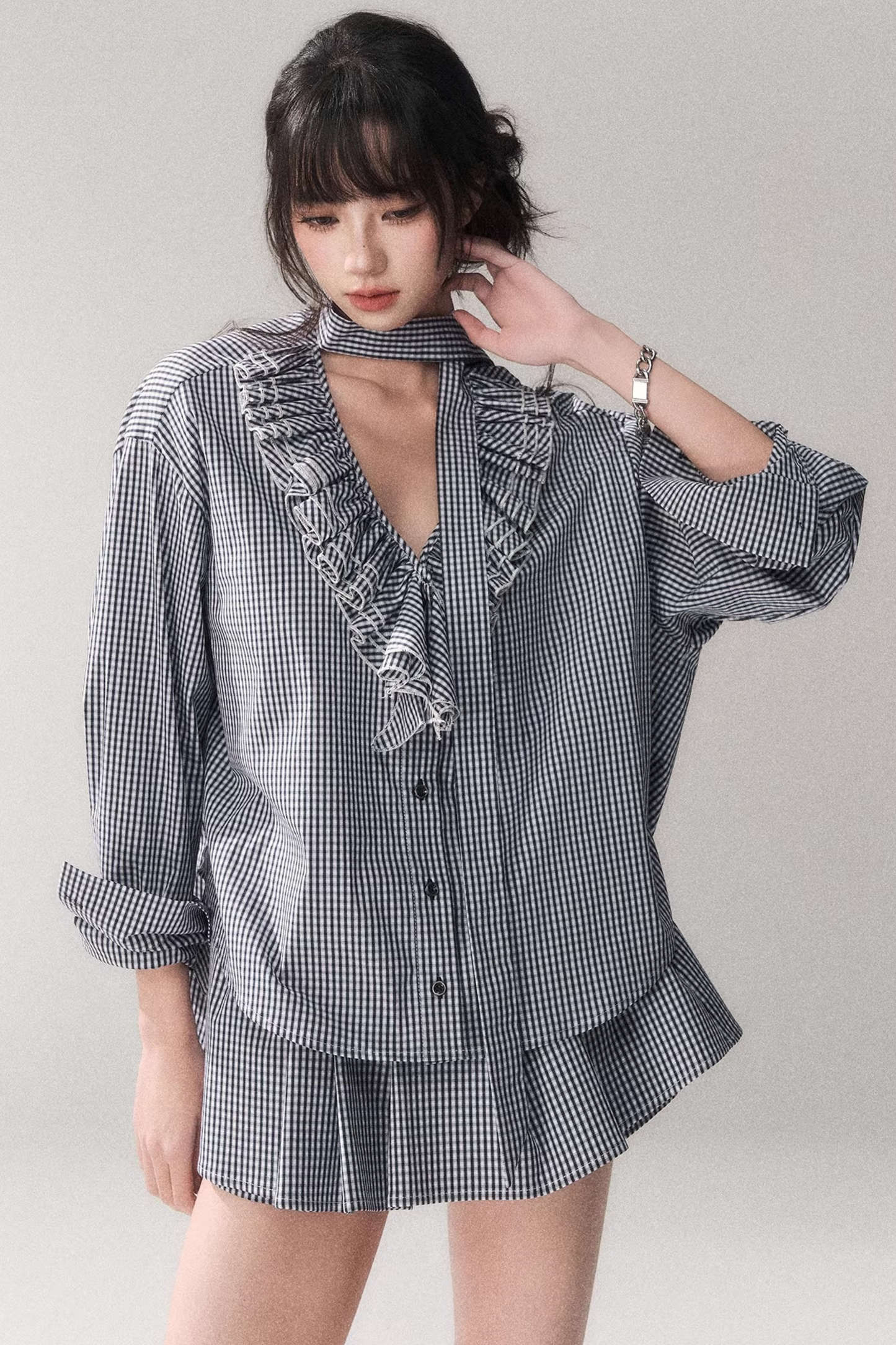 Blue Check Lace Blouse Set-Up