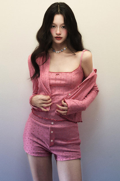 Strawberry Dream Knit Doll Collar Cardigan & Shorts Set-Up