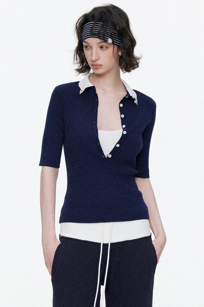 Lyocell Color-Blocked Fake Two-Piece Knit Top