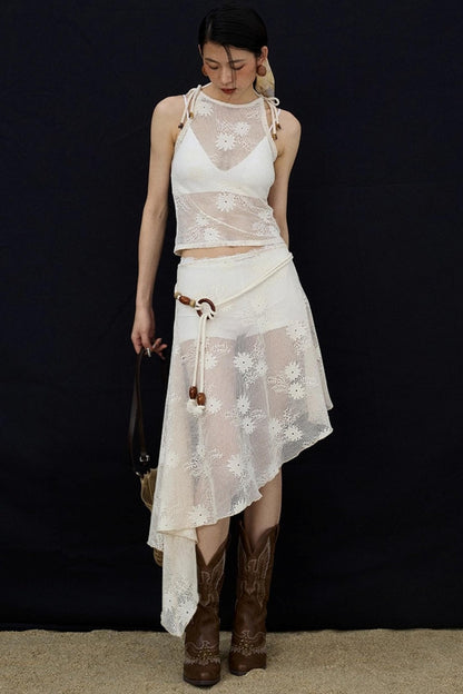 Jacquard Lace-Up Layered Skirt Set-Up