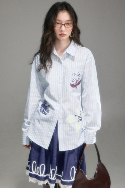 Embroidered Patchwork Denim A-Line Skirt