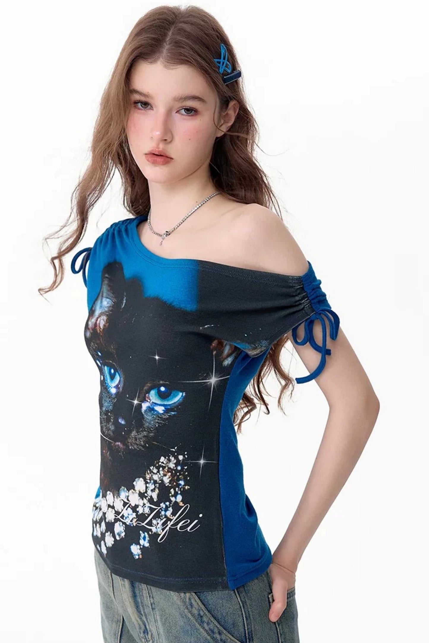 Blue Cat Print Short-Sleeved T-Shirt
