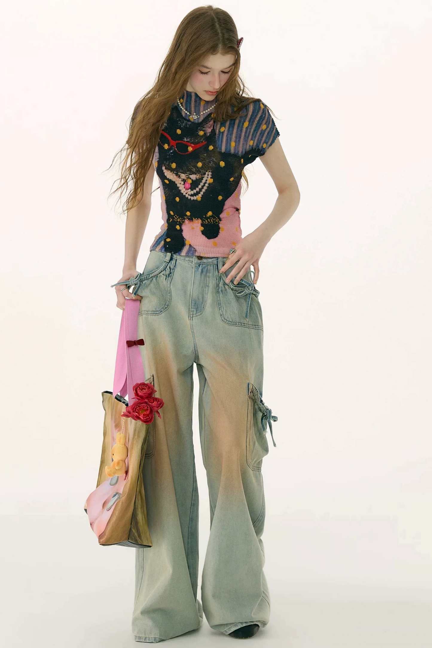 High-Waisted Bow-Knot Wide-Leg Denim Pants