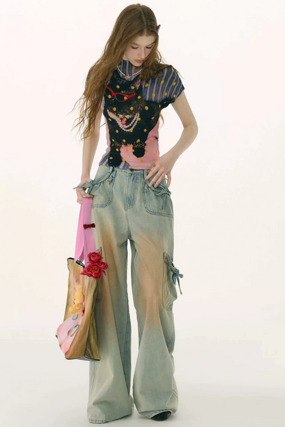 High-Waisted Bow-Knot Wide-Leg Denim Pants