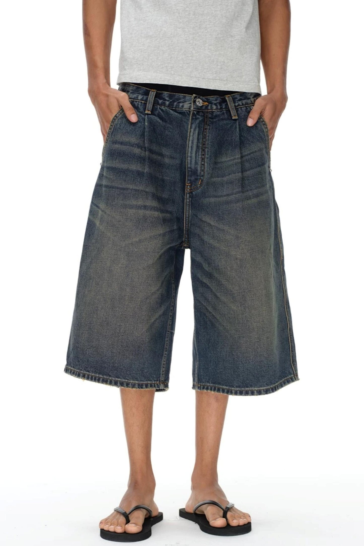 Pleated Distressed Denim Shorts