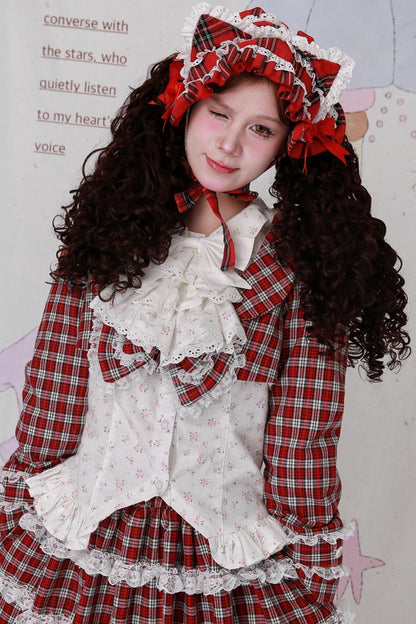 Christmas Red Checkered Bow Short Jacket