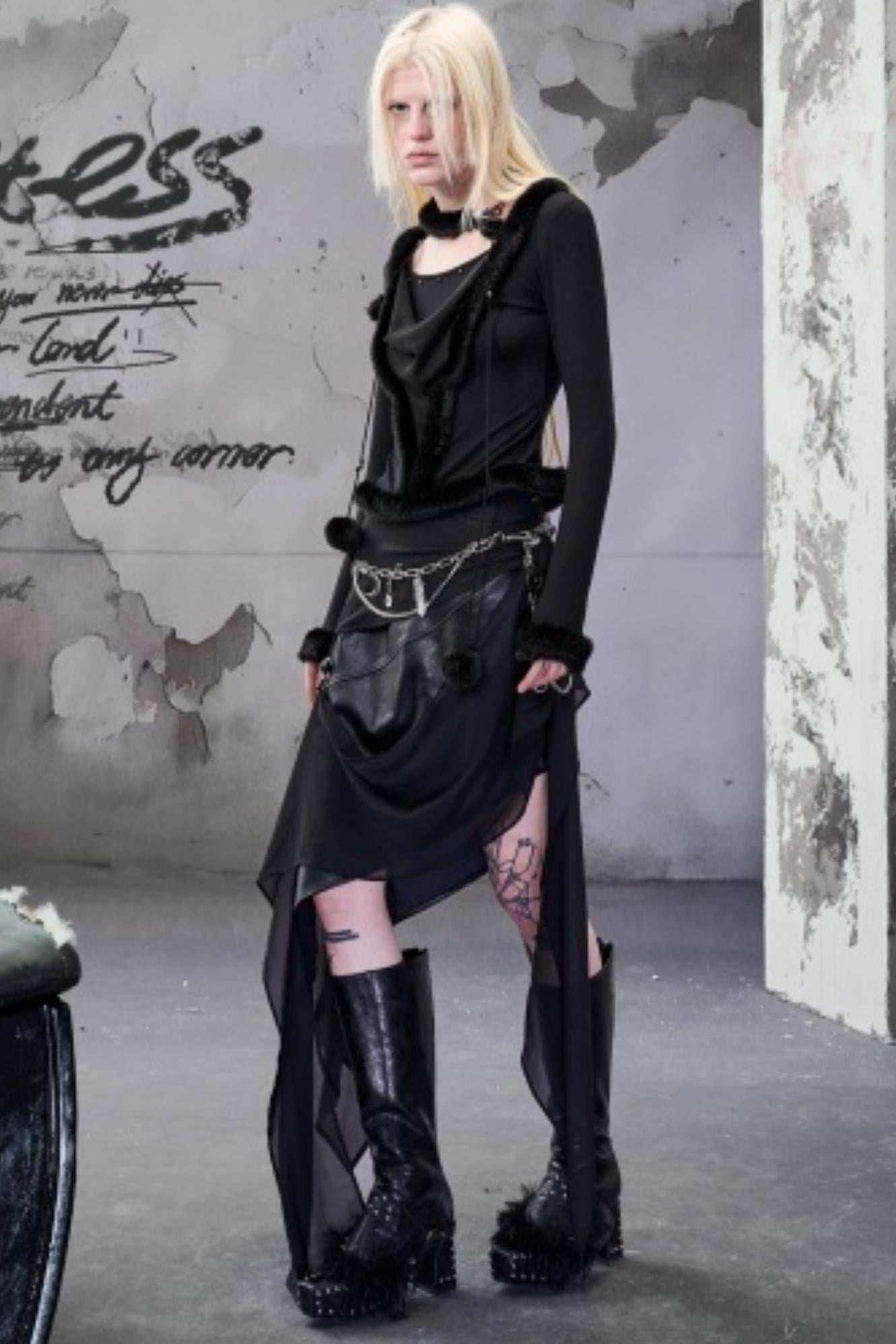 Chiffon Panel Ruffled Irregular Leather Skirt