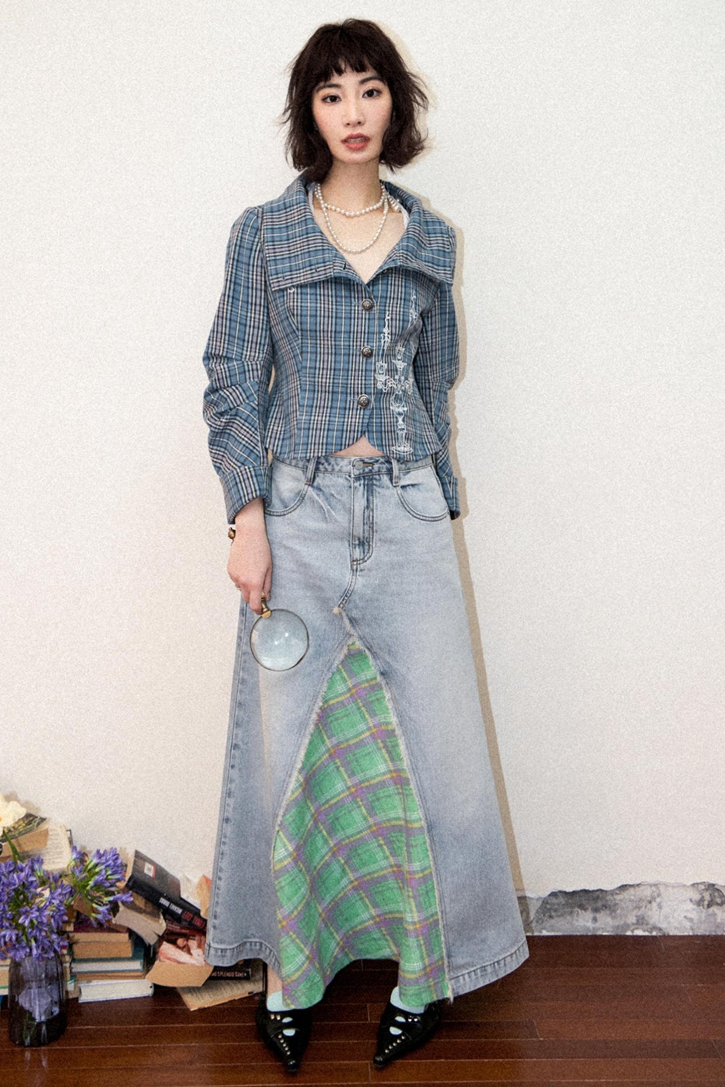 Plaid Embroidered Blazer Top