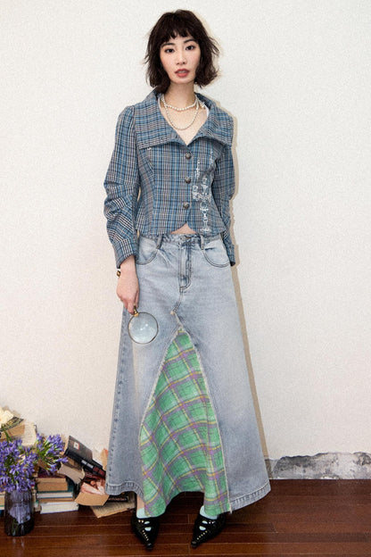 Plaid Embroidered Blazer Top