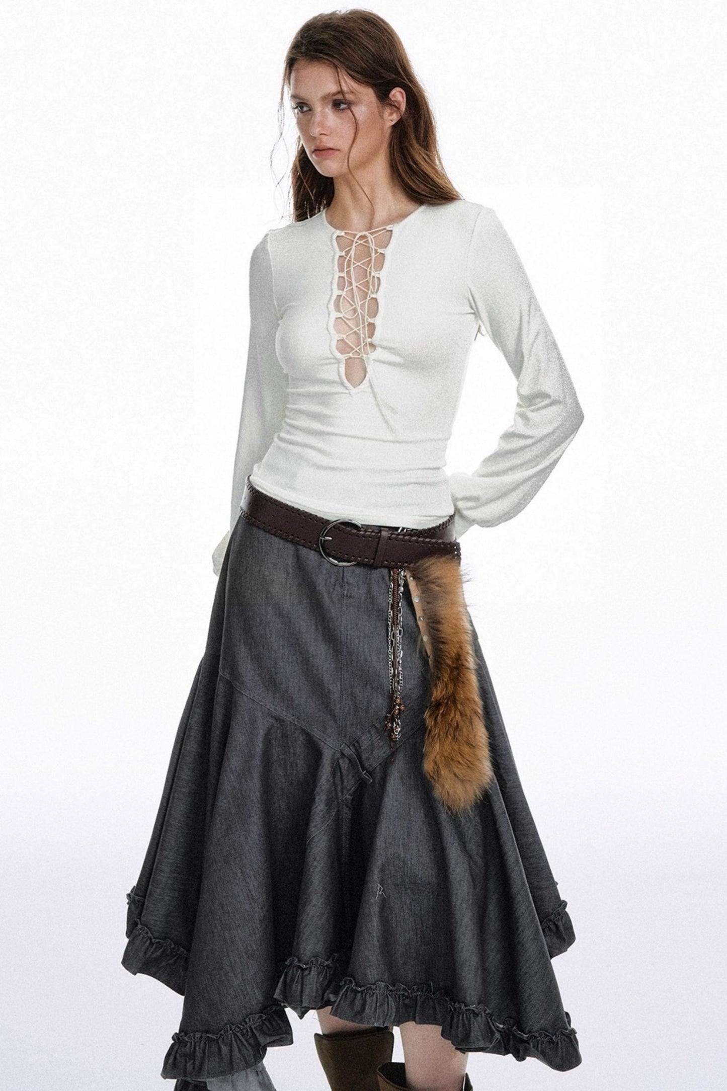 Strap Cut-Out Slim Sleeve T-Shirt