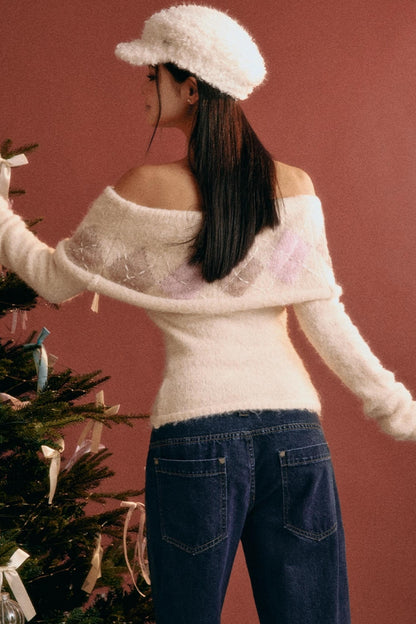 Vintage Argyle Off-Shoulder Sweater