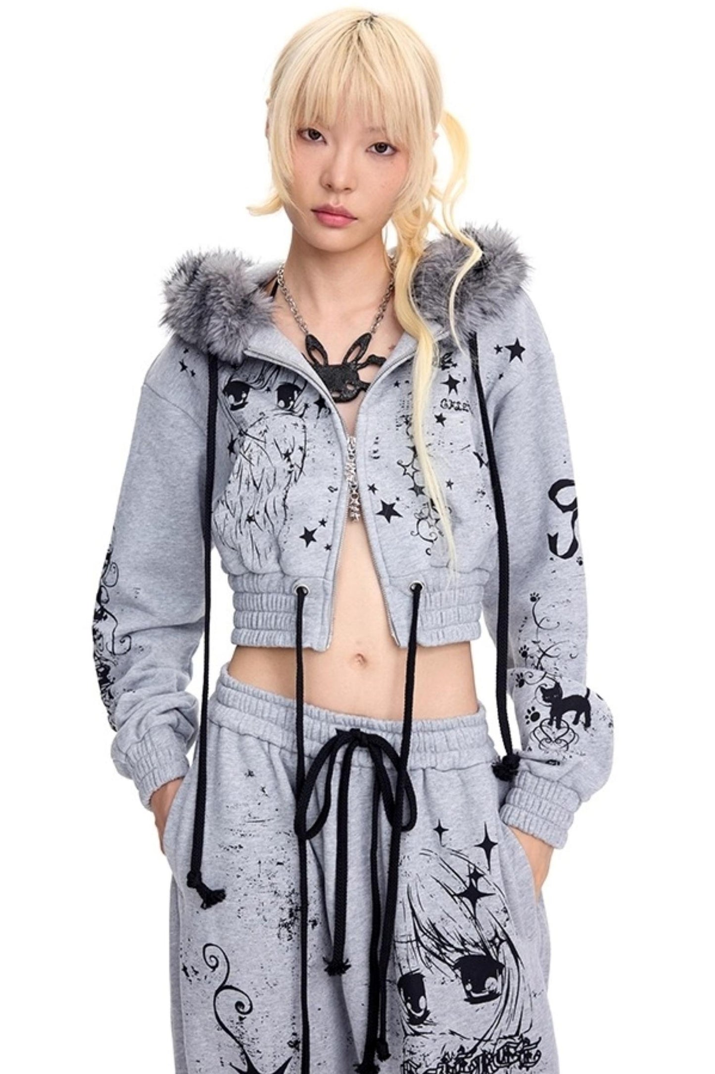 Graffiti Print Hooded Short Sweatshirt