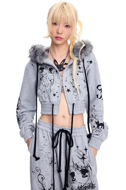 Graffiti Print Hooded Short Sweatshirt