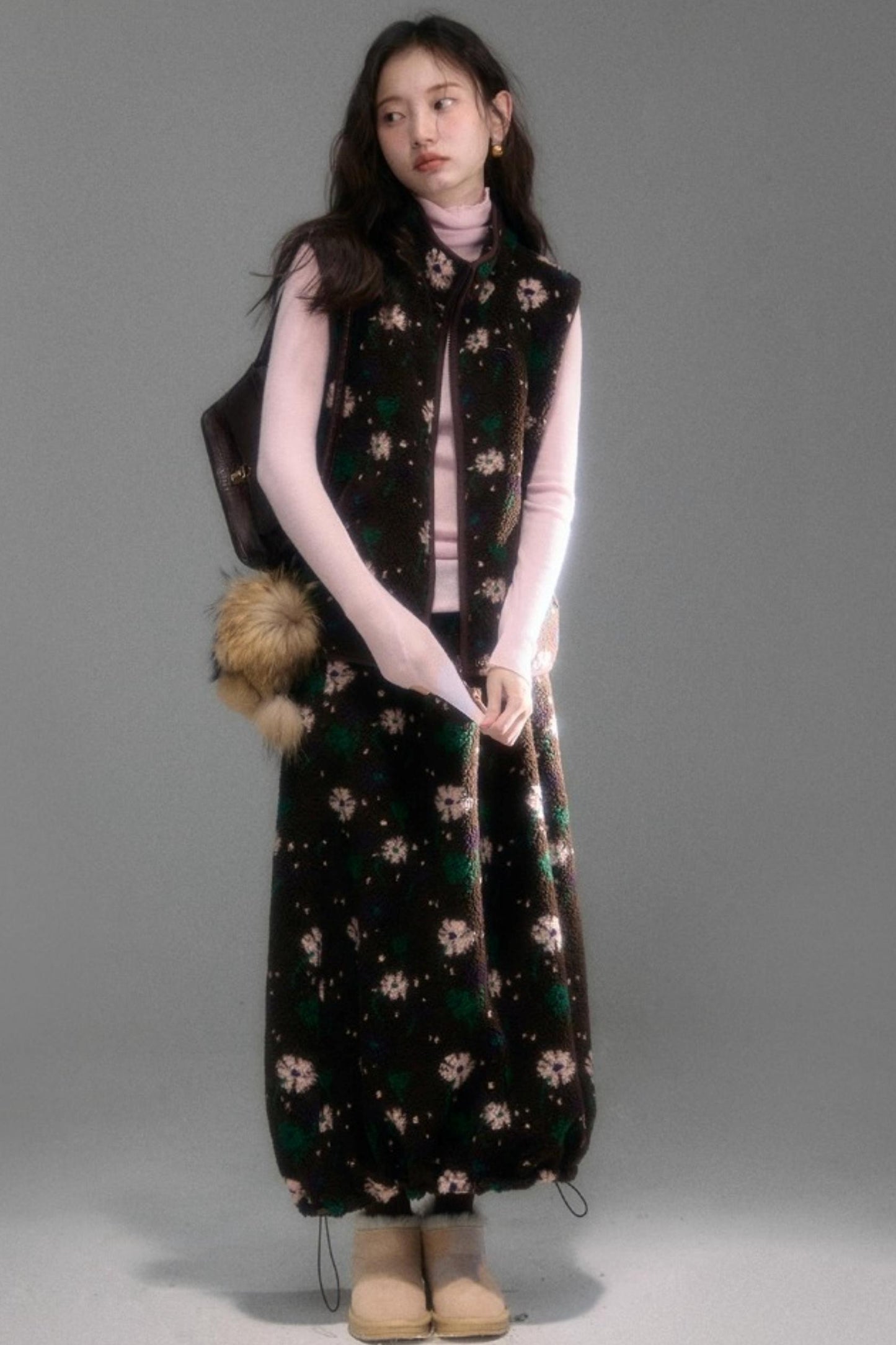 Floral Faux Lamb Wool Vest Jacket Set-Up