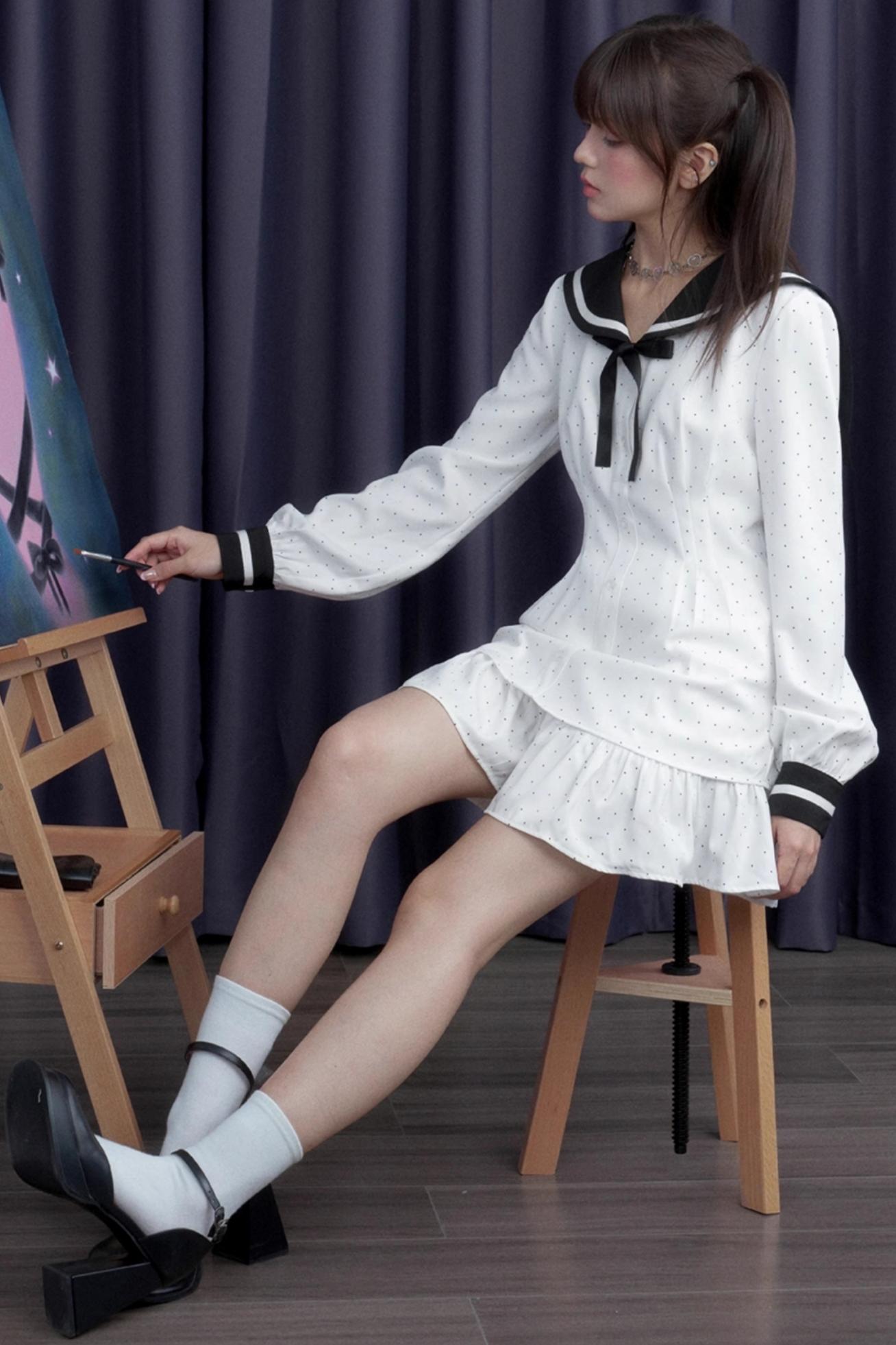 Sailor Neck Dress With Sweater Set-Up