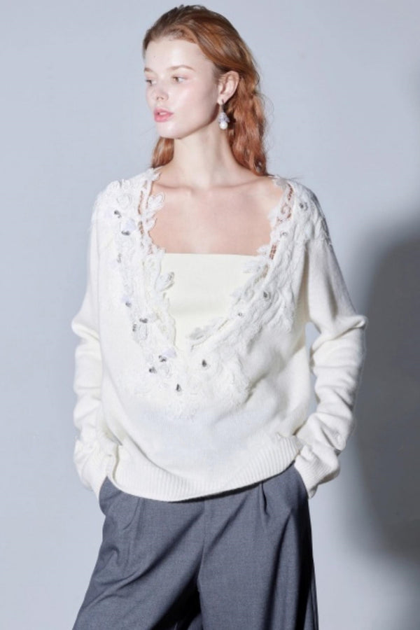 Rhinestone Lace Wool Top