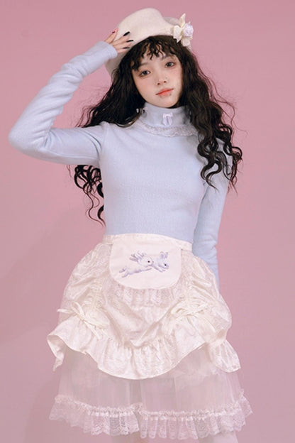 Solid Color Bow Lace Turtleneck Shirt