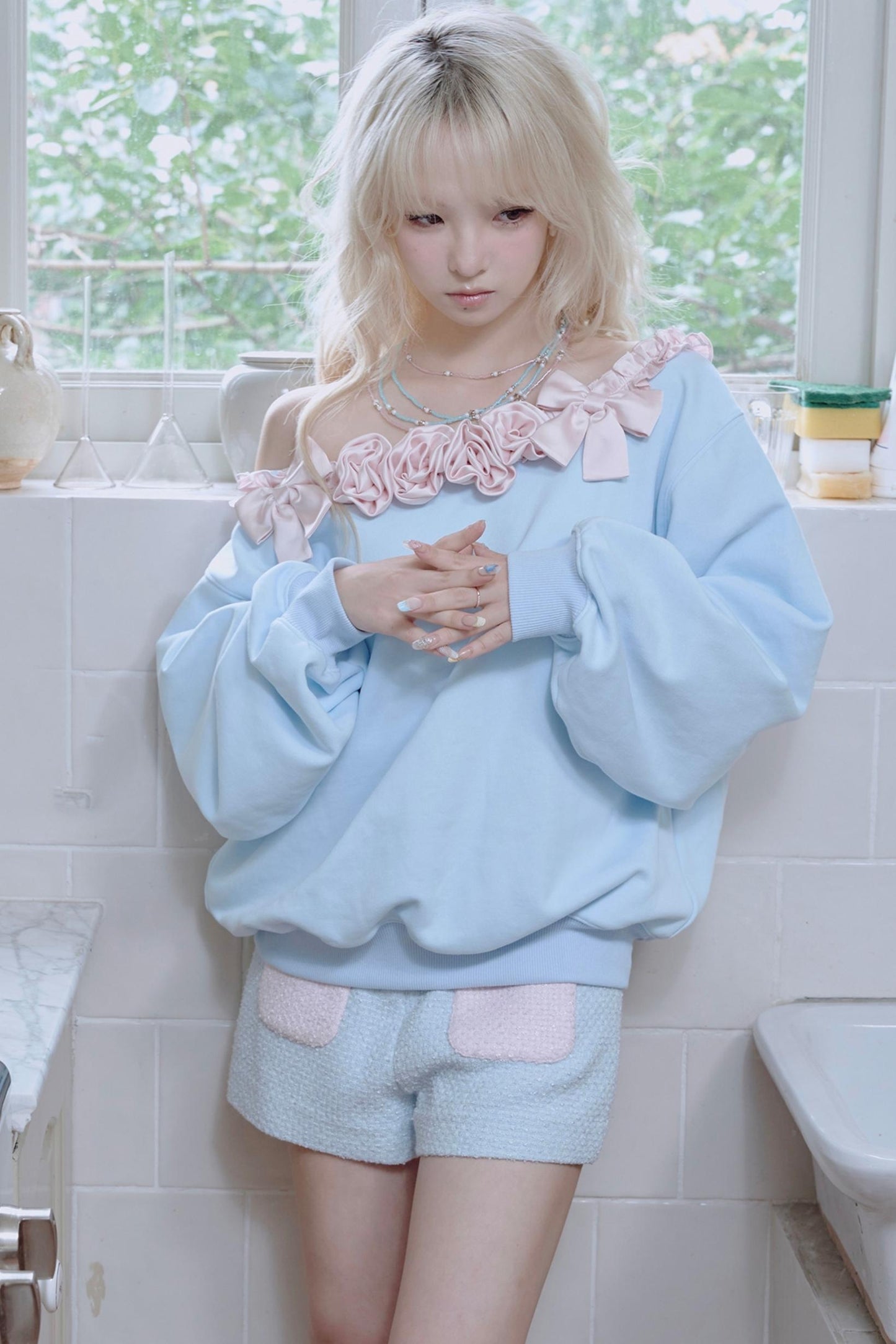 Pink Satin Rose Stitched Blue Top