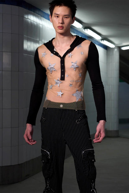 Pentagram Glitter Print Long-Sleeved Top