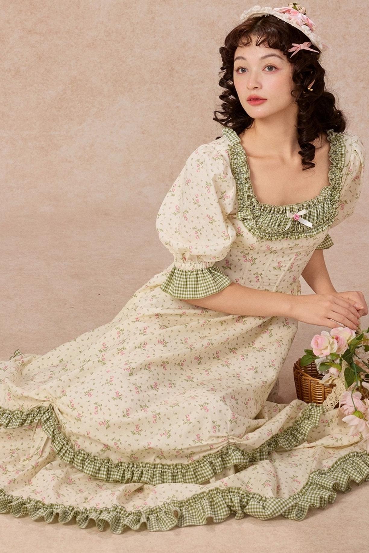 French Pastoral Style Floral Waist Dress