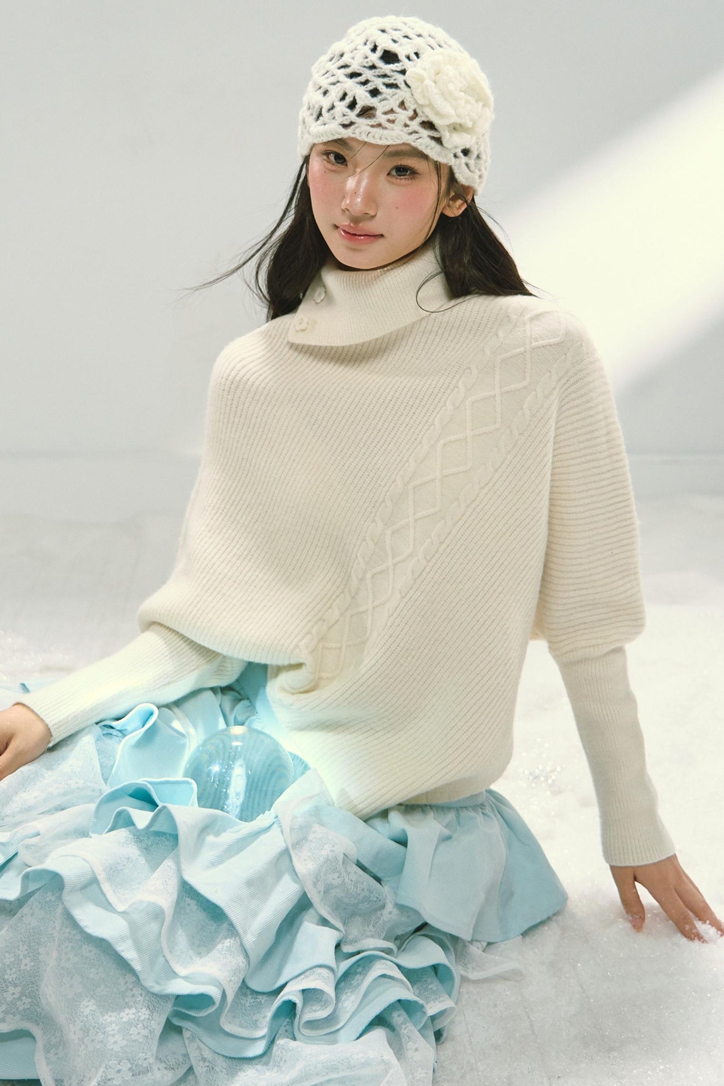 Mint Blue Lace Patchwork Puffy Skirt