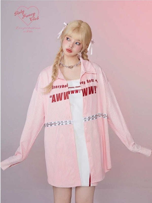 Long and Short Organ Button Striped Loose Shirt