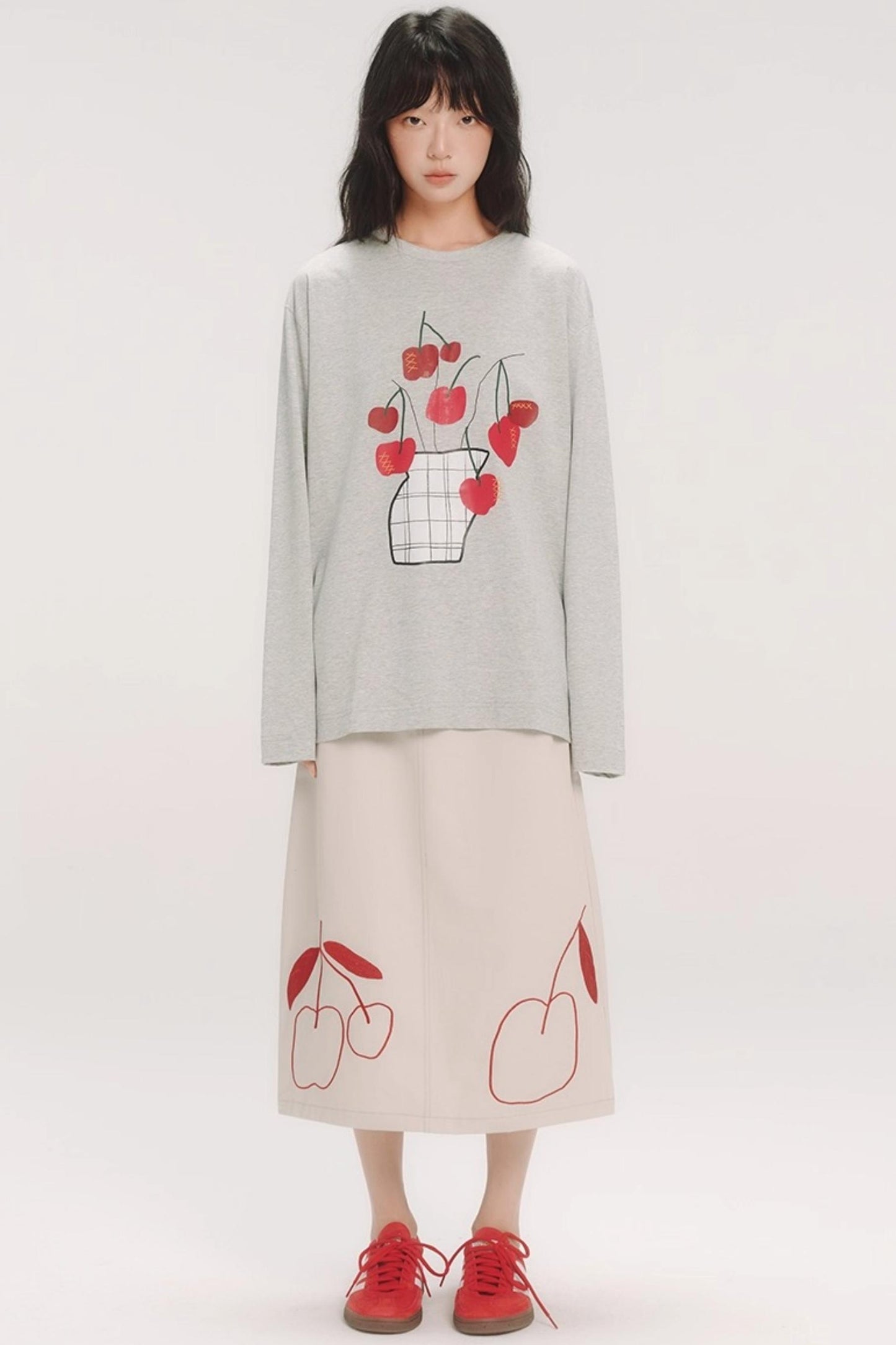 Red Cherry Embroidered Midi Skirt