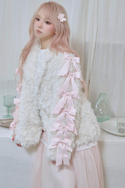 White Satin Bow Lamb Fur Coat