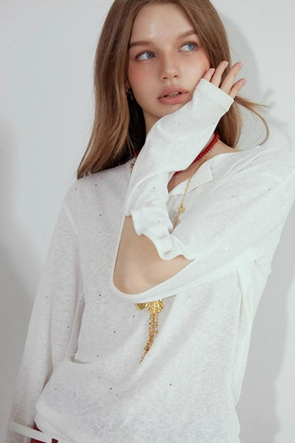 Henry Collar Design Loose Sequin T-shirt
