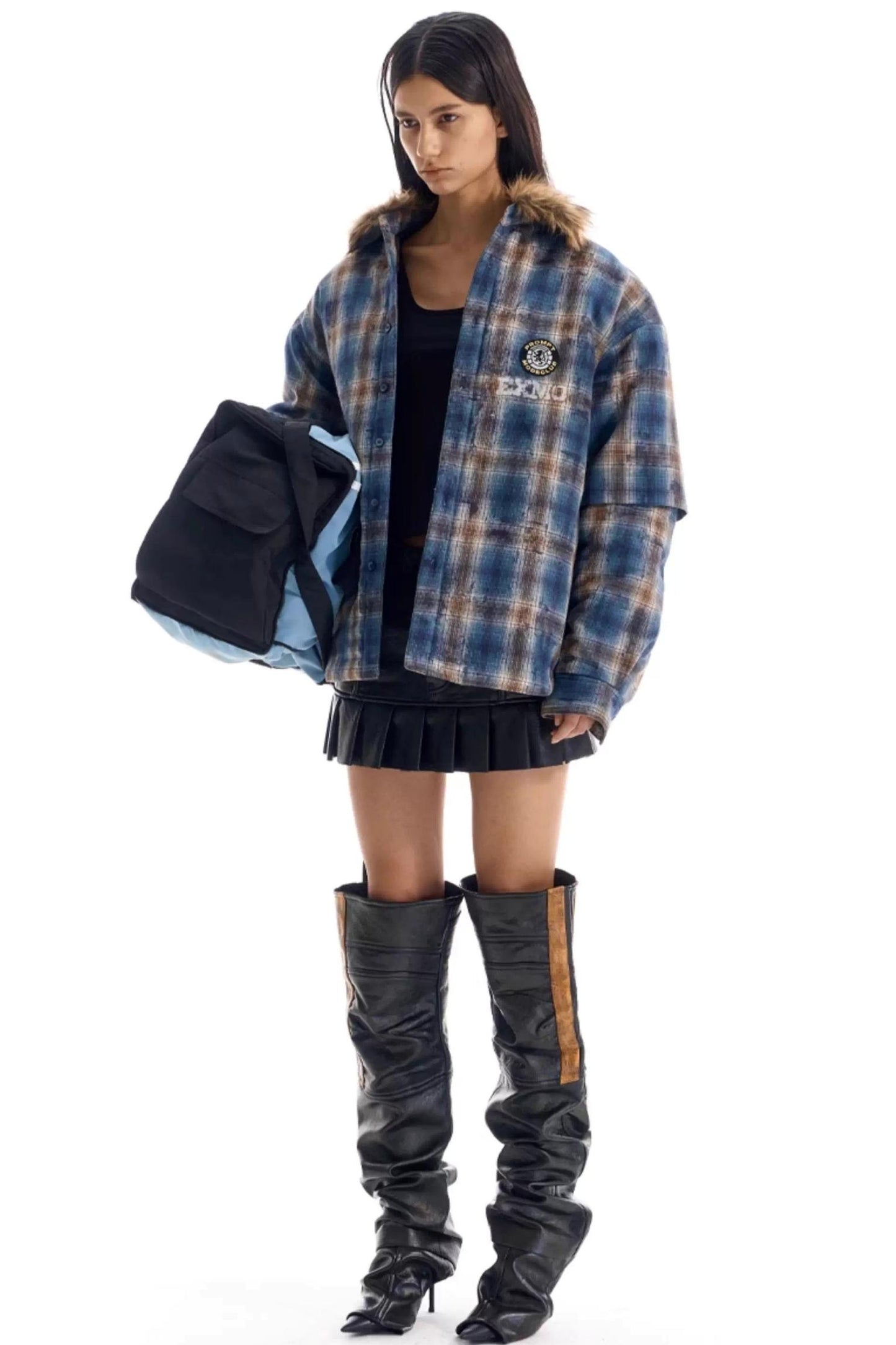 Embroidered Plaid Fur Collar Jacket