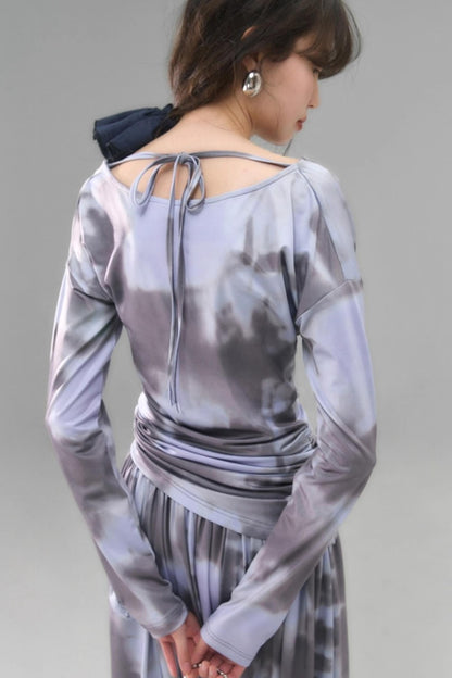 Poetic Swing Collar Print T-Shirt & Skirt Set-Up