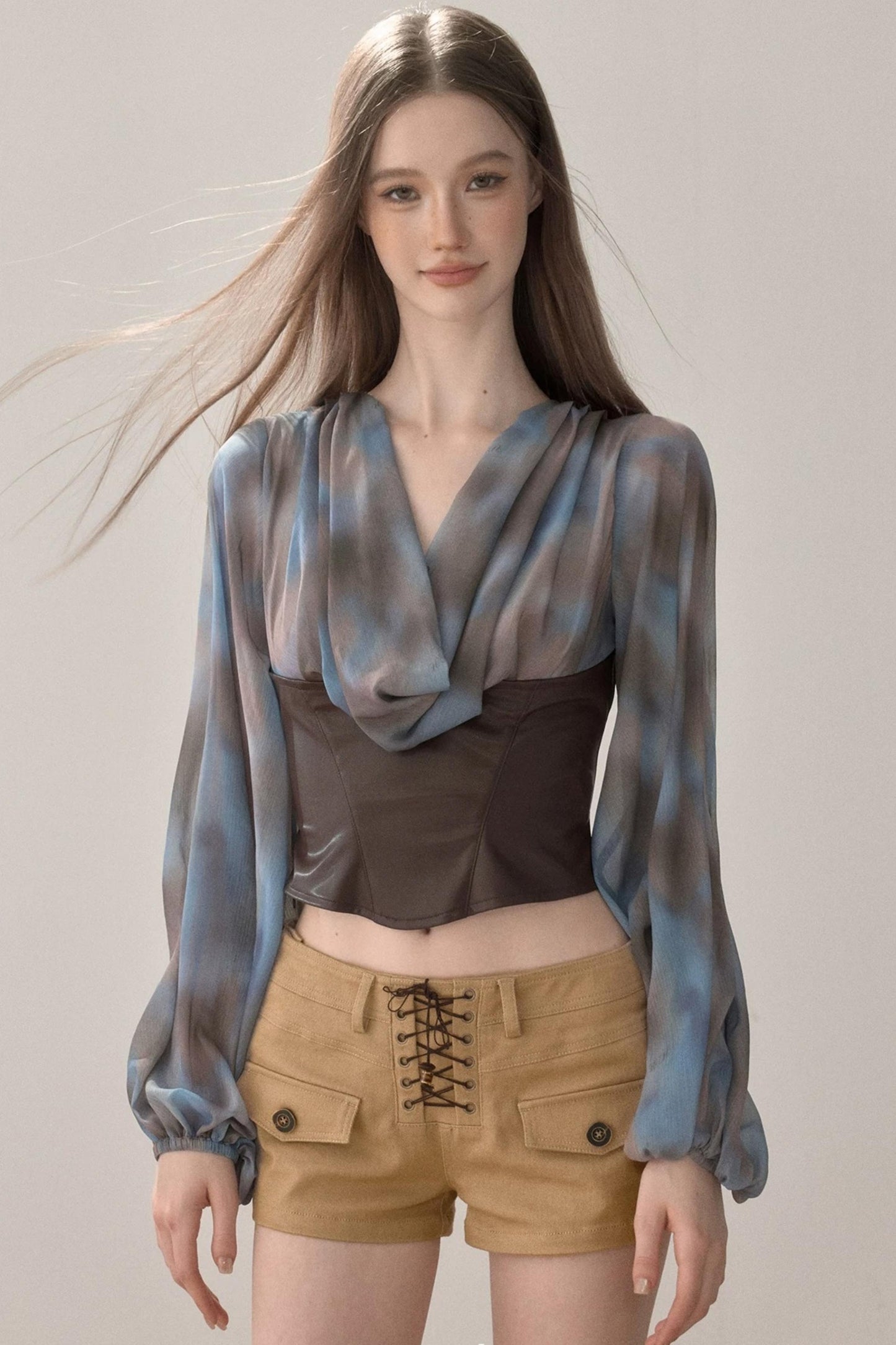 Waist-Cinching Printed Chiffon Shirt