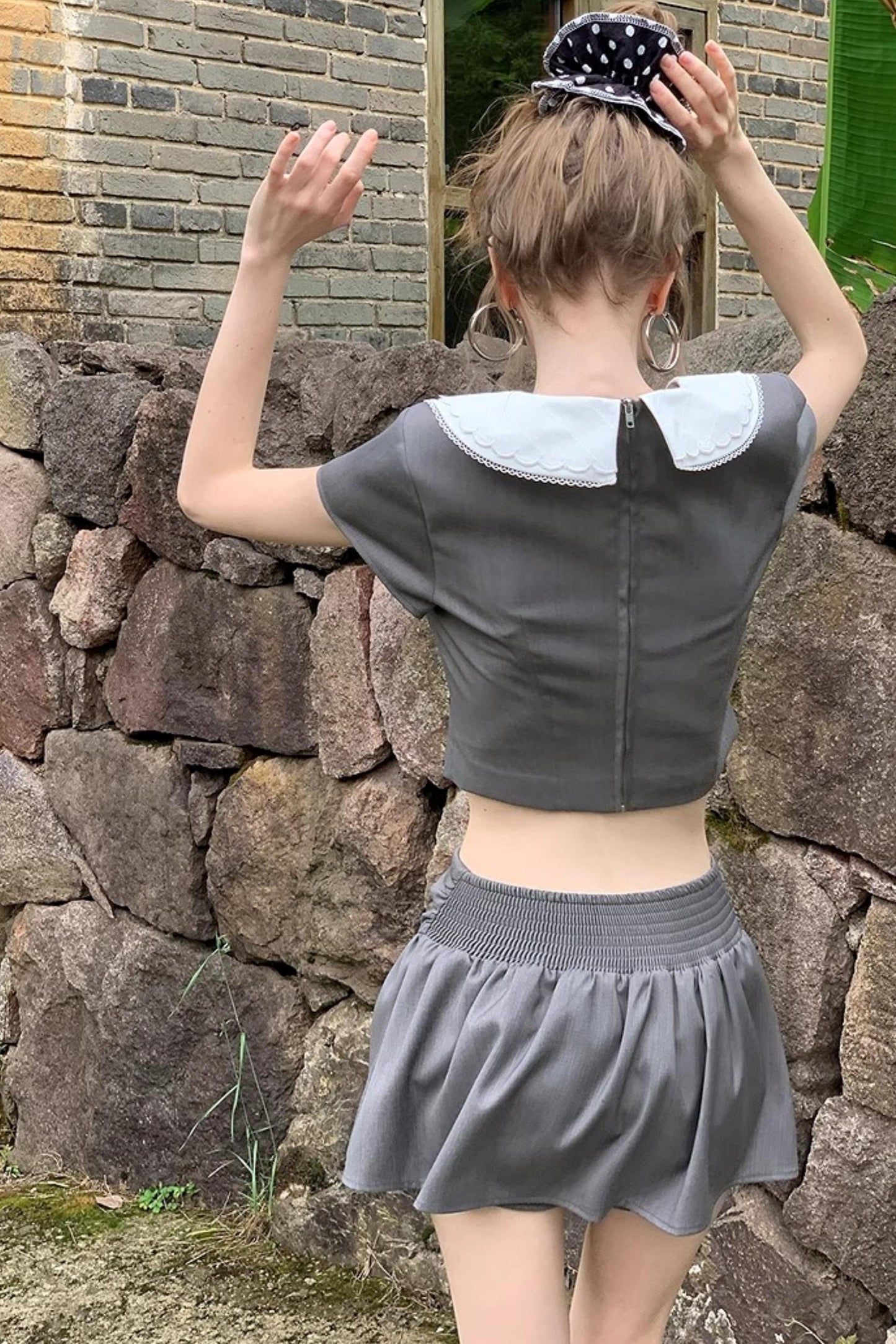 Gray Bowknot Halter Skirt Set-Up